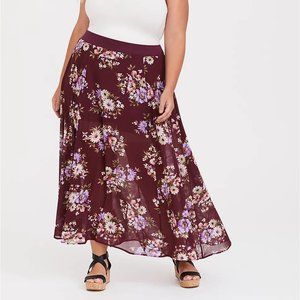 Red Wine Floral Chiffon Skirt